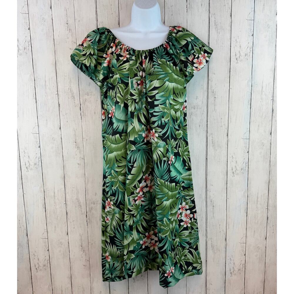 VTG Hilo Hattie Green Tropical Orchid Midi Muumuu Dress Hawaii USA Size Large